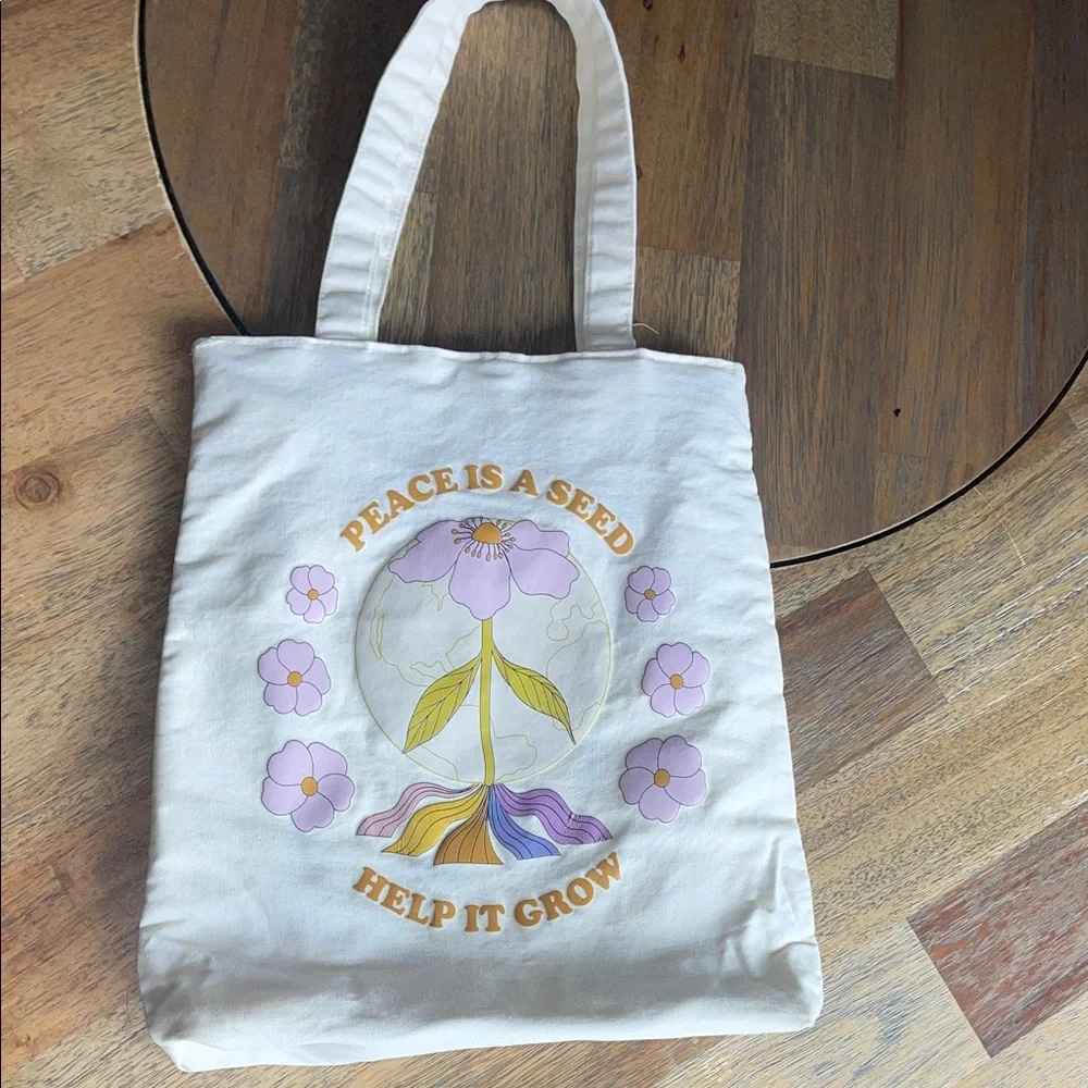 Peace Is A Seed Help It Grow Floral Tote Bag White Purple Girls Kids